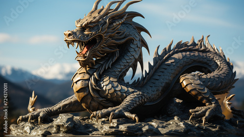 background of Chinese dragon on a rock with a clear sky