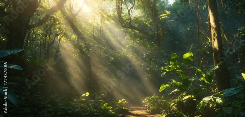 sunrays shining between trees in the rainforest