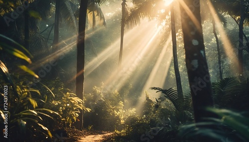 sunrays shining between trees in the rainforest