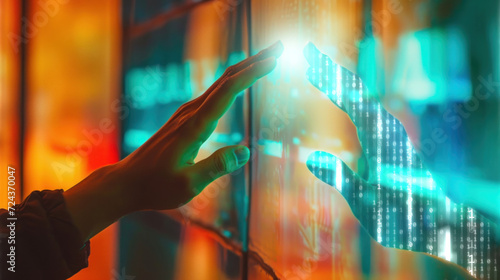 Digital twin concept. A finger touches and connects with digital finger to activate both the physical and digital worlds. Business and technology simulation modeling