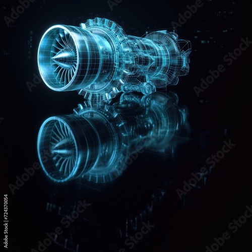 Digital twin concept. A turbojet engine and its mirrored digial body, on black background, ready to be activated both in the physical and digital worlds. Business and technology simulation modeling photo