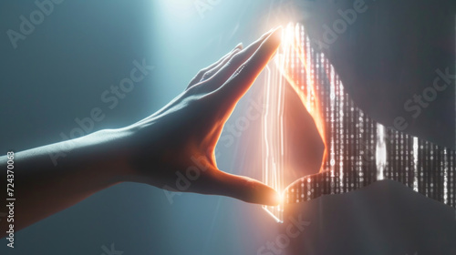 Digital twin concept. A finger touches and connects with digital finger to activate both the physical and digital worlds. Business and technology simulation modeling photo