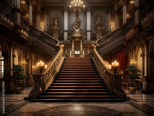 Elegant staircase in a royal palace. 3D rendering. © Iman