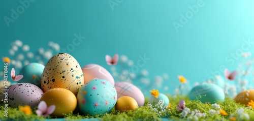 Colorful Decorated Easter Eggs with Pine Branches.