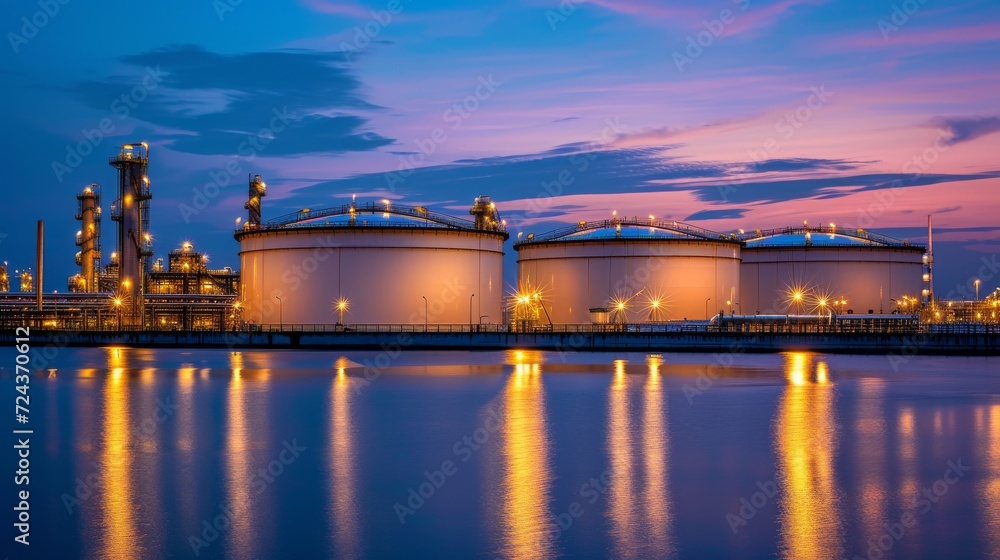 An oil storage tank set against a blue sky with lights