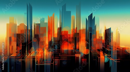 Modern city panorama with skyscrapers at sunset. Vector illustration