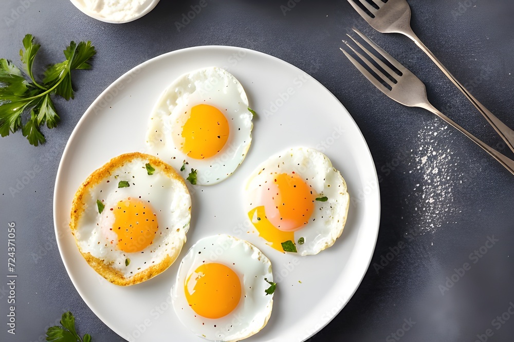 Easy health food for busy modern people, sunny side up for breakfast, fried eggs, great protein supplement. Generative AI Easy health food for busy modern people, sunny side up for breakfast, fried eggs, great protein supplement. Generative AI