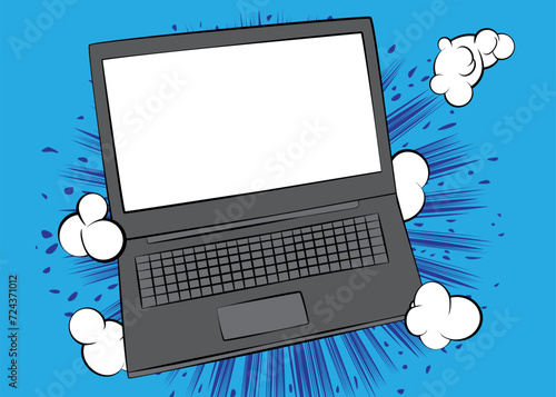 Cartoon blank laptop, comic book notebook. Retro vector comics pop art design.