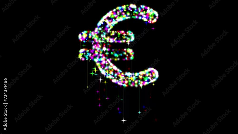 Euro symbol with colorful glitter sparkles and falling stars on plain black background Euro symbol with colorful glitter sparkles and falling stars on plain black background