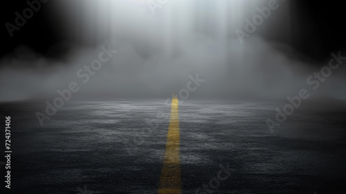 empty asphalt road with fog  Dark street  wet asphalt  reflections of rays on road. Abstract dark blue background  smoke  smog. Empty dark scene  neon light  spotlights