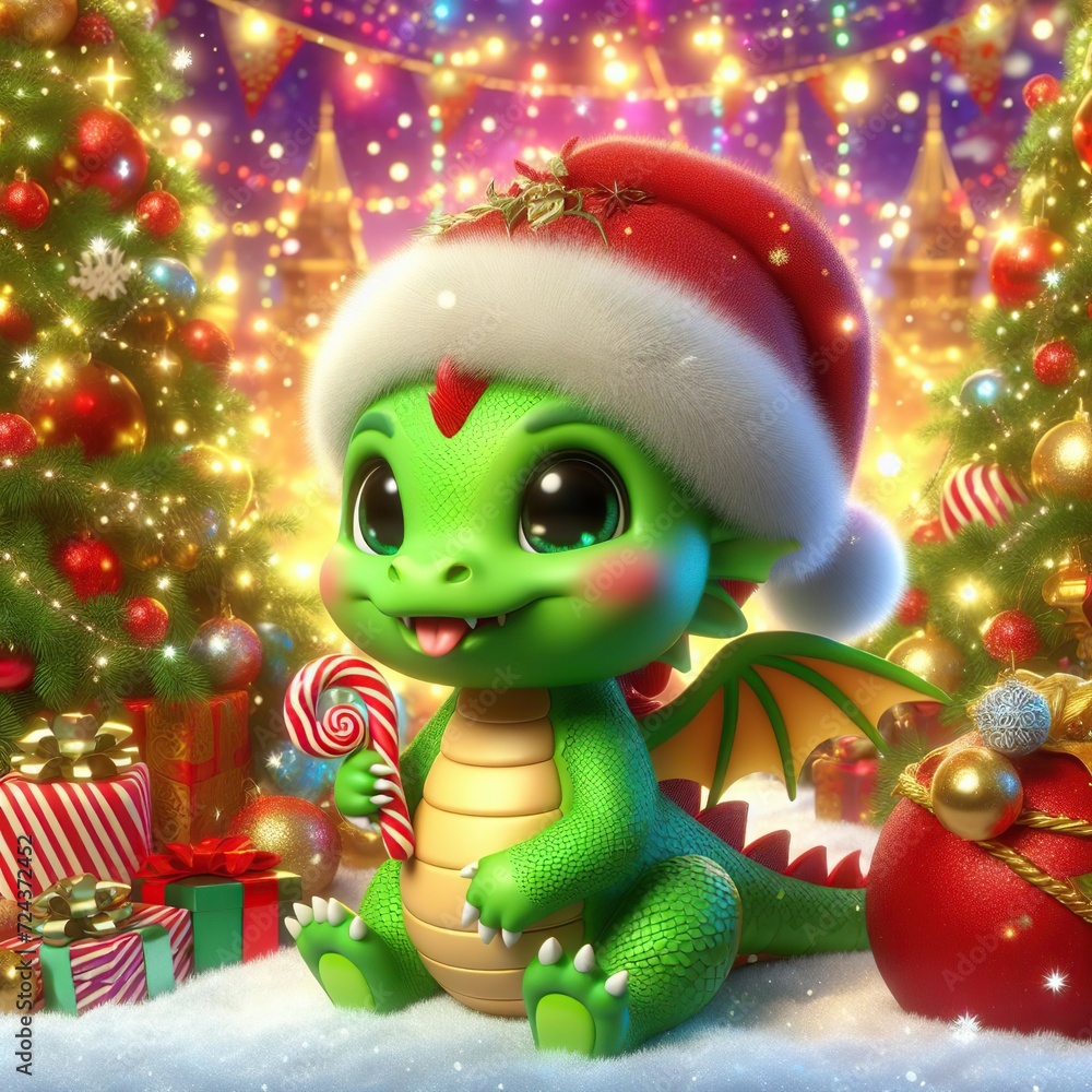 A charming little green dragon, the symbol of 2024, with big kind eyes, set against the background of a Christmas tree and gifts and shows his red little tongue with pleasure