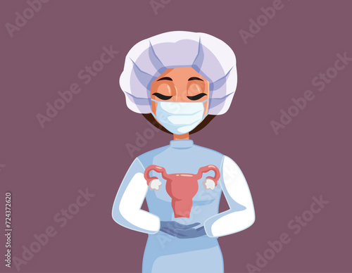 Gynecologist Doctor Surgeon Holding a Uterus Symbol Vector Illustration. Obstetrician specialist explaining diagnoses and surgical treatment 
