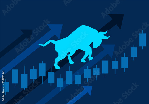 Bull run or bullish market trend in stock market. Trade exchange background, up arrow graph for increase in asset value. Cryptocurrency stock share price chart. Global economy boom.