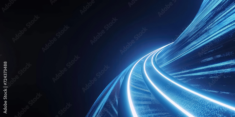  blue glowing light path trail.,  The concept of technology and information transfer. Abstract digital background. Optical fiber of digital communication. Vector illustration on a dark background - obrazy, fototapety, plakaty 
