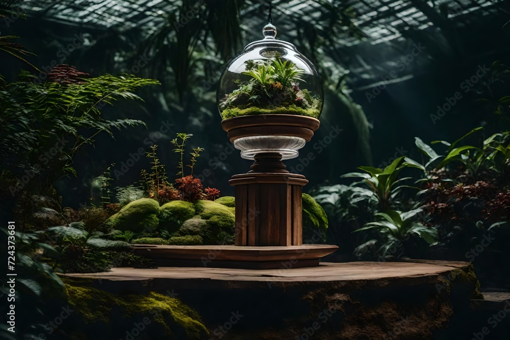 A wooden pedestal in a botanical garden, with an empty terrarium. A wooden pedestal in a botanical garden, with an empty terrarium.