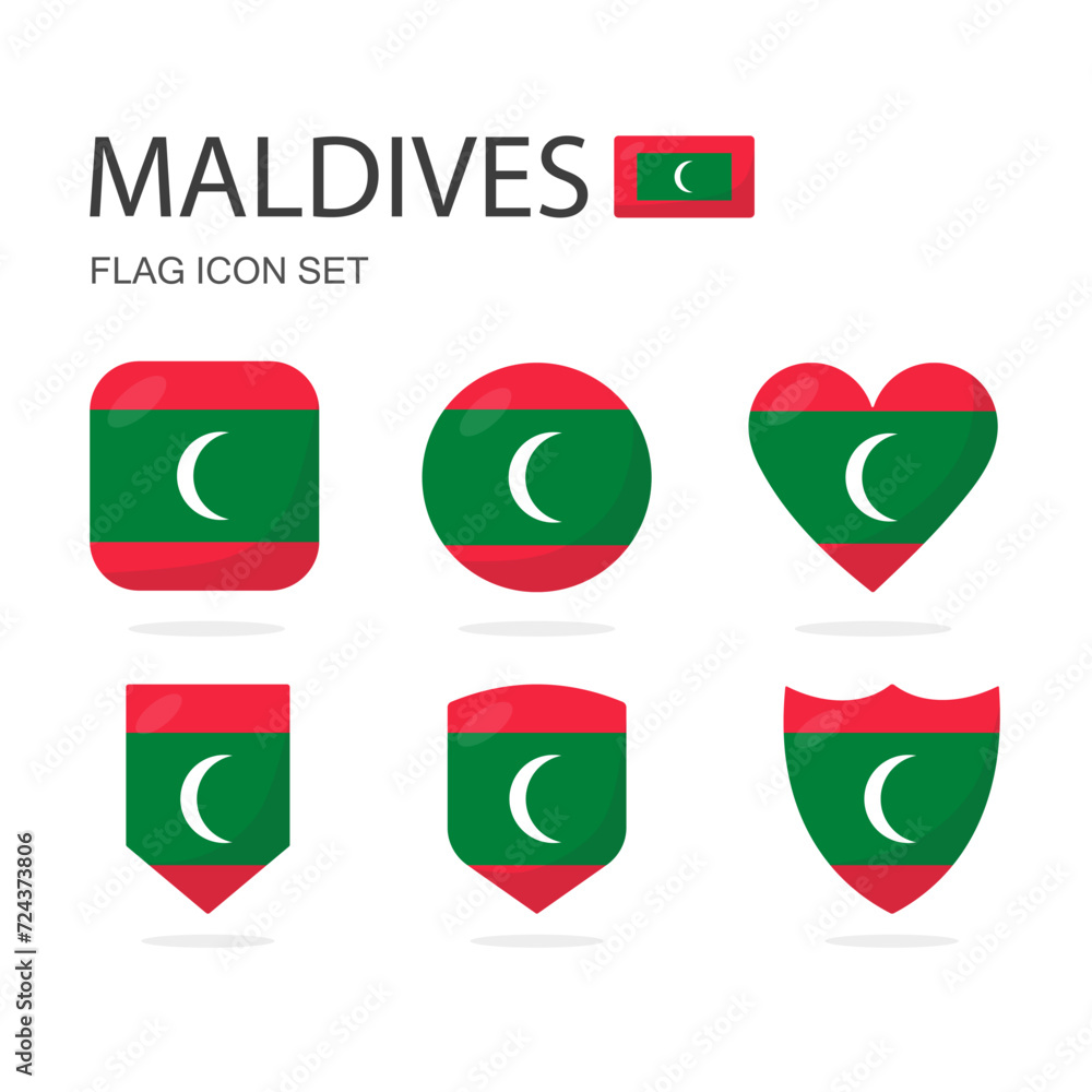 Maldives 3d flag icons of 6 shapes all isolated on white background. Maldives 3d flag icons of 6 shapes all isolated on white background.