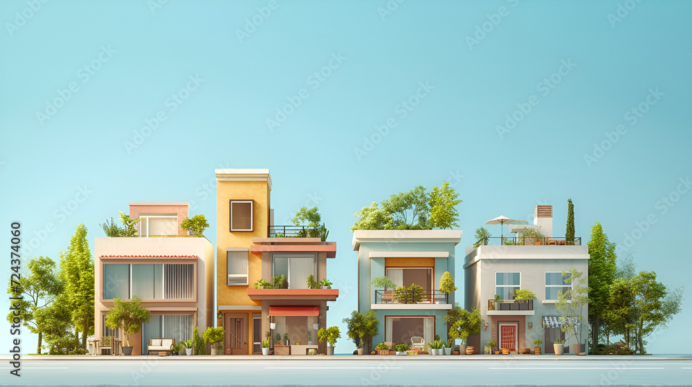 modern contemporary style miniature painting illustration of generic buildings or residential neighborhood for housing market and realeastate concept, mixed 3D with manual matte painting digital image