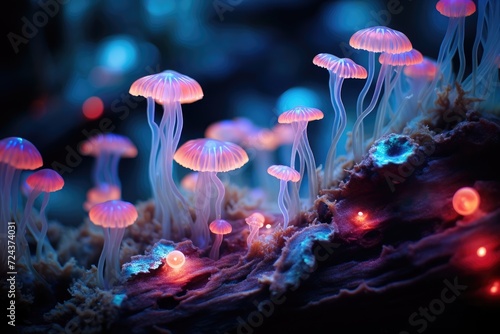 Bioluminescent Wonderland: Coral surrounded by bioluminescent organisms. © OhmArt