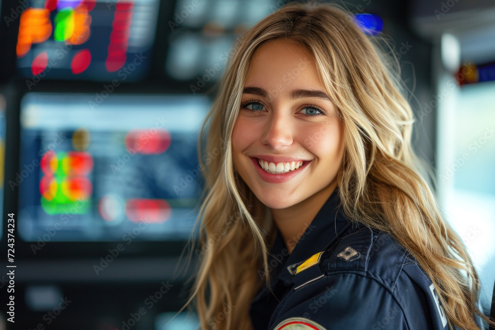 Obraz premium Blonde woman wearing Emergency Services Dispatcher uniform on duty