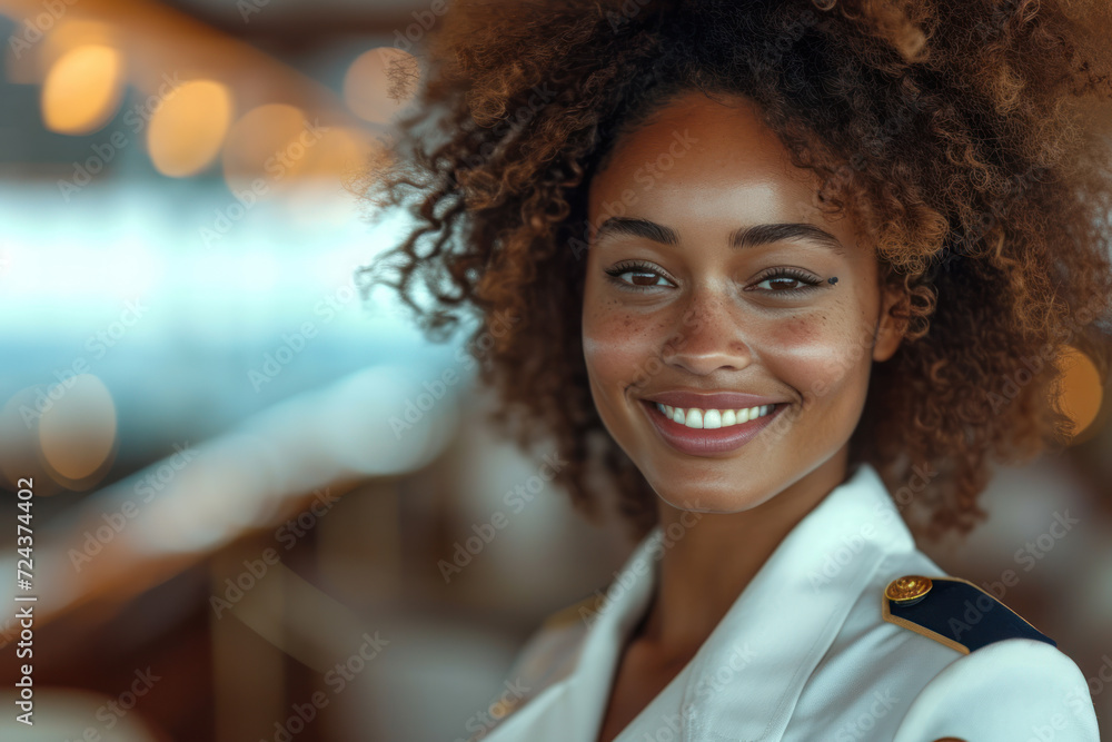 Fototapeta premium Afro woman wearing cruise ship staff uniform, boat service crew