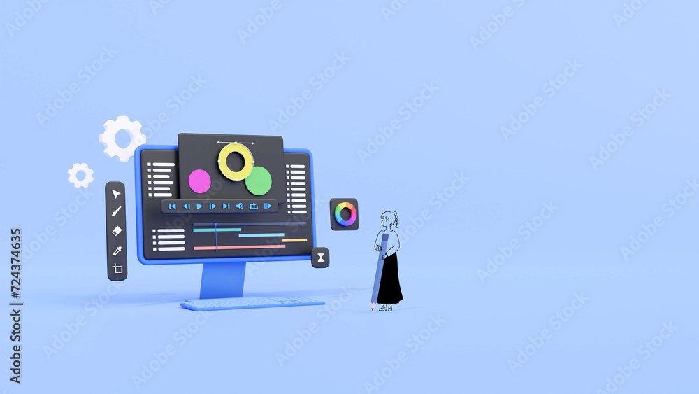 3DCG|パソコンで動画編集をする若い女性クリエイター 3DCG|パソコンで動画編集をする若い女性クリエイター