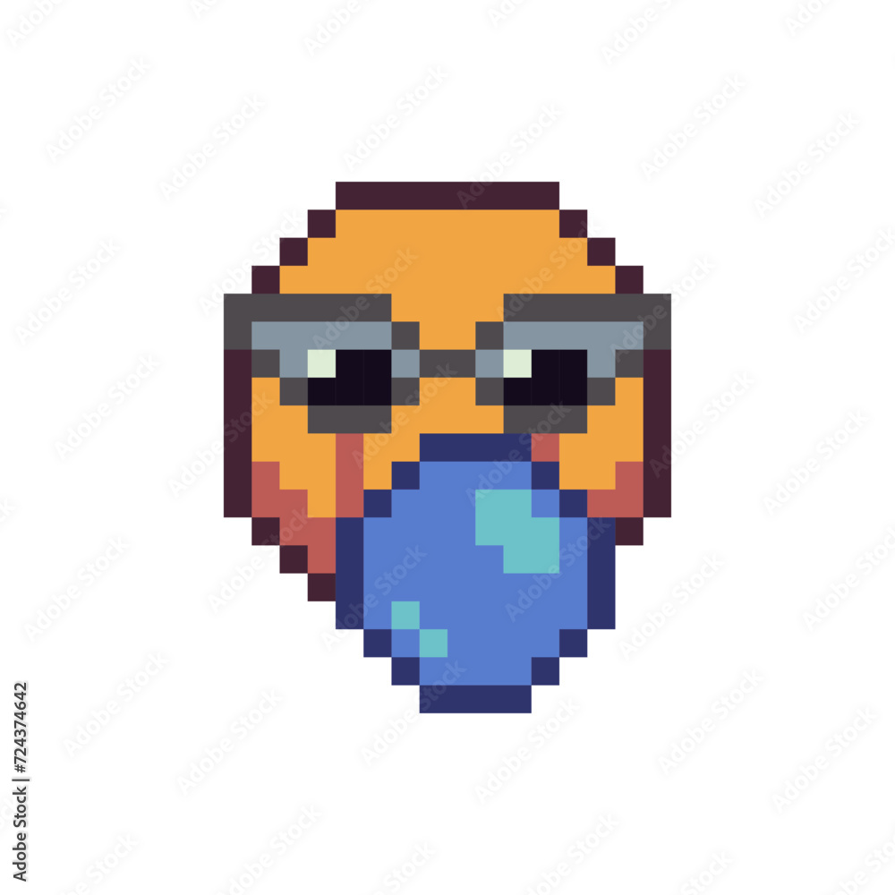 Fototapeta premium Funny face inflating bubble gum pixel art icon emoticon in black glasses, language emotion, cartoon character. 8-bit flat style. Isolated abstract vector illustration.