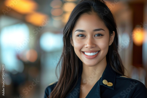 Malay woman wearing cruise ship staff uniform, boat service crew