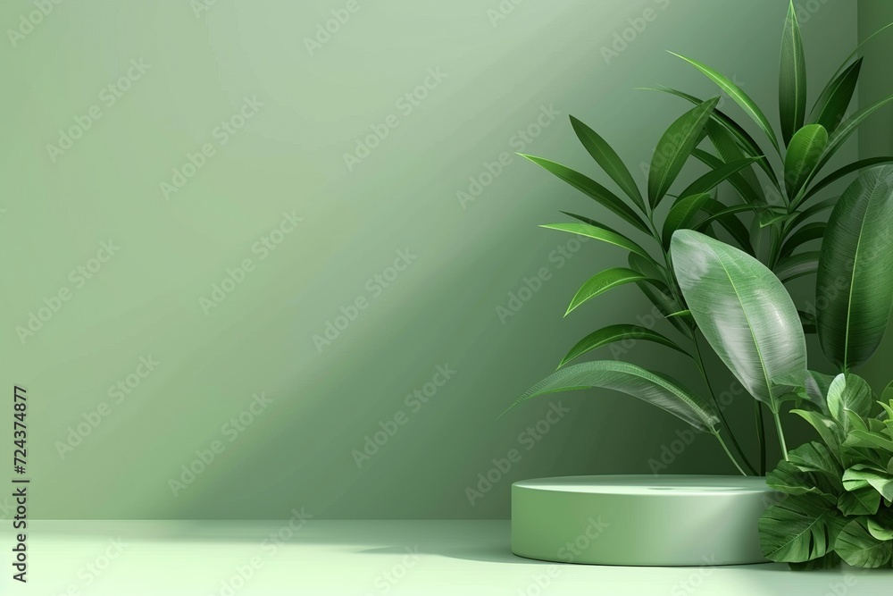 3D illustration of a mockup beautiful light green background Blank display for products that simulate a natural background, trees and soft lighting. 3D illustration of a mockup beautiful light green background Blank display for products that simulate a natural background, trees and soft lighting.