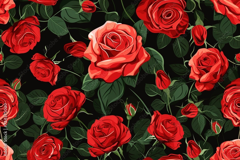 Red Roses Pattern on black Background, Love and Nature Concept , Isolated Floral Bouquet for Valentine's Day Gift Seamless Pattern Background Product Pattern Red Roses Pattern on black Background, Love and Nature Concept , Isolated Floral Bouquet for Valentine's Day Gift Seamless Pattern Background Product Pattern