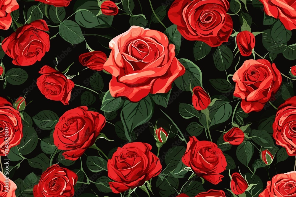 Red Roses Pattern on black Background, Love and Nature Concept , Isolated Floral Bouquet for Valentine's Day Gift Seamless Pattern Background Product Pattern