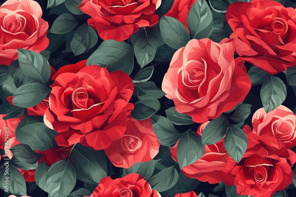 Red Roses Pattern on black Background, Love and Nature Concept , Isolated Floral Bouquet for Valentine's Day Gift Seamless Pattern Background Product Pattern