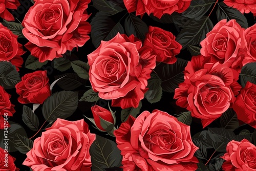 Red Roses Pattern on black Background, Love and Nature Concept , Isolated Floral Bouquet for Valentine's Day Gift Seamless Pattern Background Product Pattern