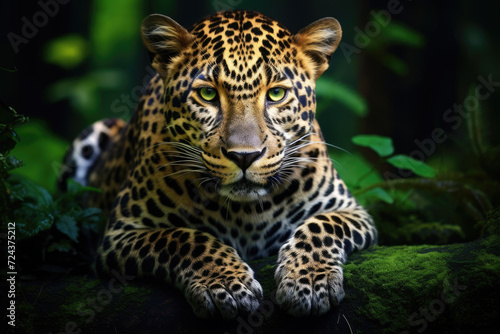 Leopard relax in the rain forest on the timber with moss and looking camera