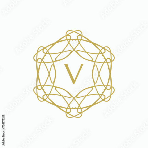 Initial letter V floral ornamental border circle frame logo