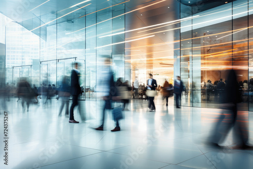 Long exposure shot of crowd of business people walking in bright office lobby fast moving with blurry