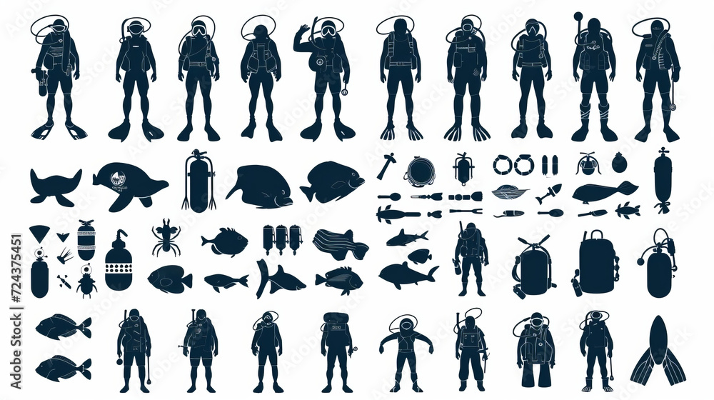 Collection Of 100 Scuba Icons Set Isolated Solid Silhouette Icons Including Scuba, Sport, Ocean, Sea, Diver, Underwater, Water Infographic Elements Vector Illustration Logo - obrazy, fototapety, plakaty 