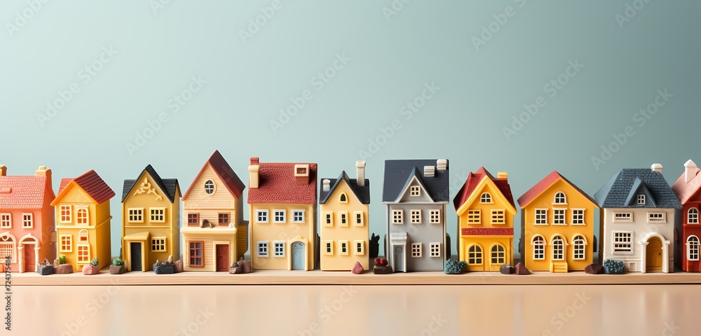 Overhead shot of a collection of miniature toy houses, creating a charming scene with copy space for text on a pastel yellow background