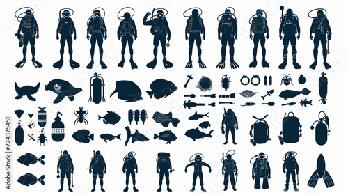 Collection Of 100 Scuba Icons Set Isolated Solid Silhouette Icons Including Scuba, Sport, Ocean, Sea, Diver, Underwater, Water Infographic Elements Vector Illustration Logo photo