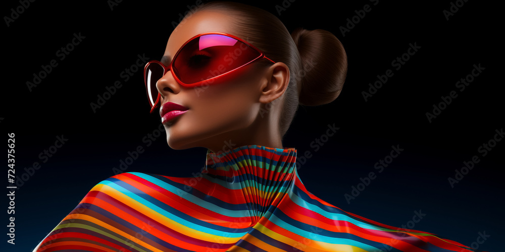 fashion cover, brunet model in colorful striped outfit in fashion sunglasses on black background fashion cover, brunet model in colorful striped outfit in fashion sunglasses on black background