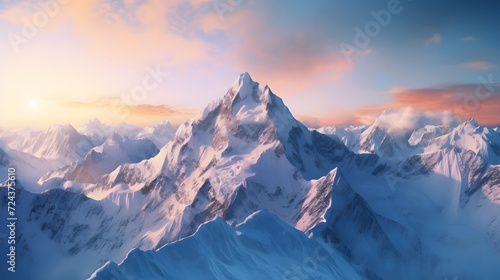 Panoramic view of snow-capped mountains at sunset.