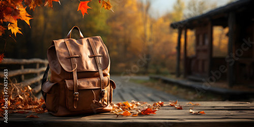 School bag with autumn leaves in park photo