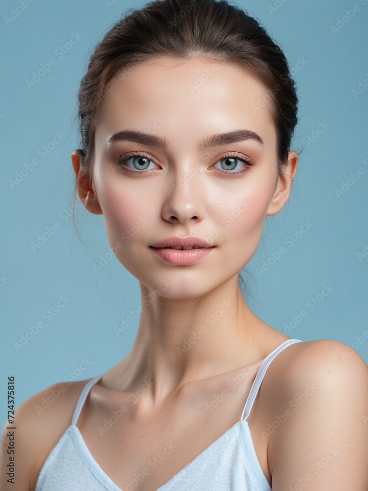 Radiant Beauty, Women Skincare Model with Clean, Moist, and White Skin in Studio Lighting, Looking Straight. Radiant Beauty, Women Skincare Model with Clean, Moist, and White Skin in Studio Lighting, Looking Straight.