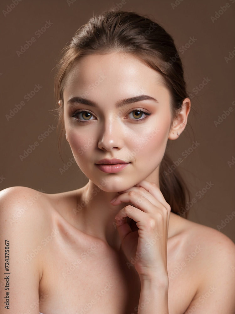 Radiant Beauty, Women Skincare Model with Clean, Moist, and White Skin in Studio Lighting, Looking Straight. Radiant Beauty, Women Skincare Model with Clean, Moist, and White Skin in Studio Lighting, Looking Straight.