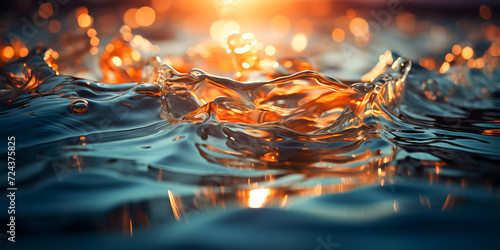 Splash of glittering sea water in sunset