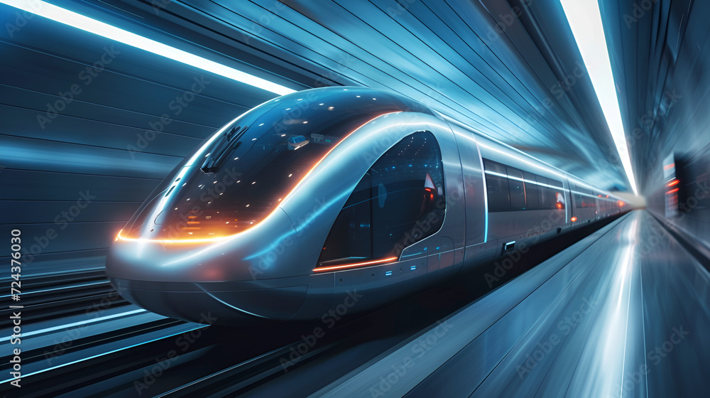 futuristic bullet train or hyperloop ultrasonic train cabsul with full self driving system activated for fast transportation and autonomy concepts as wide banner with copy space area . Generative AI