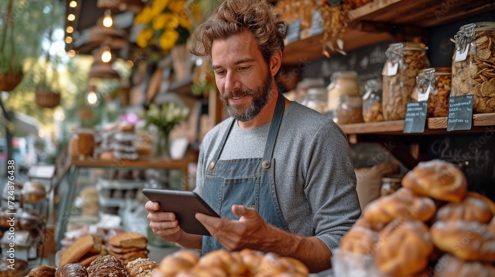 Using a smart tablet to organise inventory orders, the proprietor of a small café and bakery Using a smart tablet to organise inventory orders, the proprietor of a small café and bakery