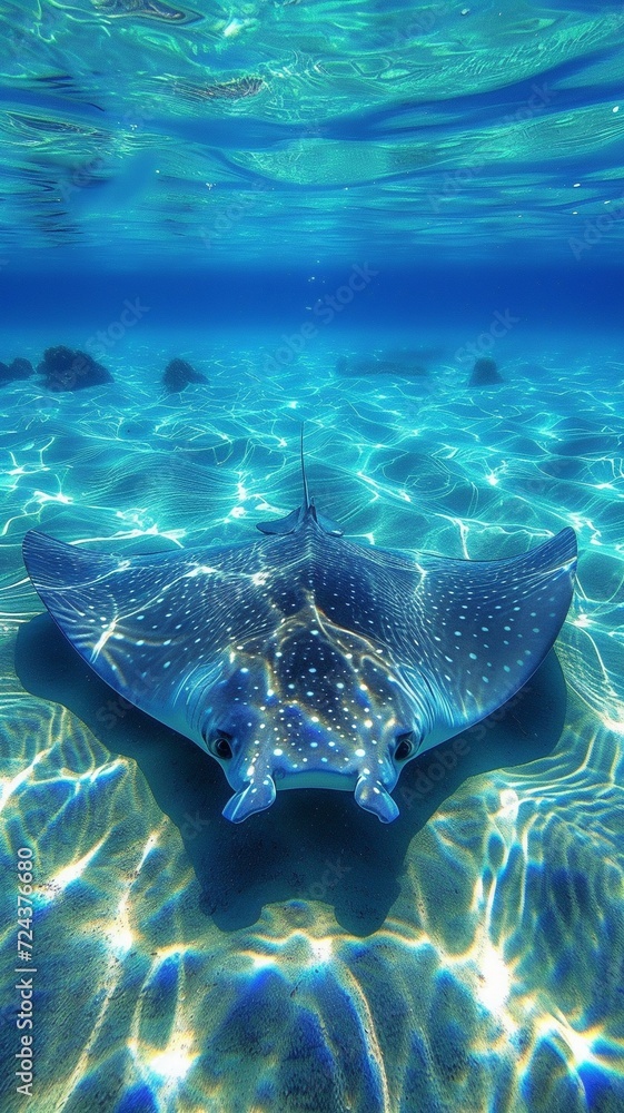 Obraz premium In crystal-clear seas in Polynesia, an eagle ray