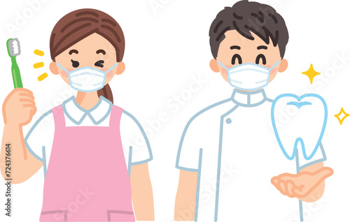歯科医師と歯科衛生士の上半身イラスト　医療従事者