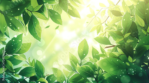 新緑と木漏れ日のアニメ風イラスト背景 photo