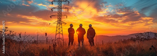 After a day of work at a high-voltage line tower, electrical engineers discuss the results. photo